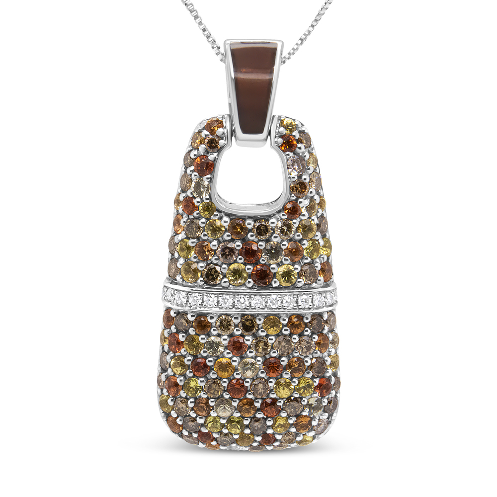 Sterling Silver Brown Enamel 1.0ct Diamonds & Sapphire Gemstone Pendant Necklace